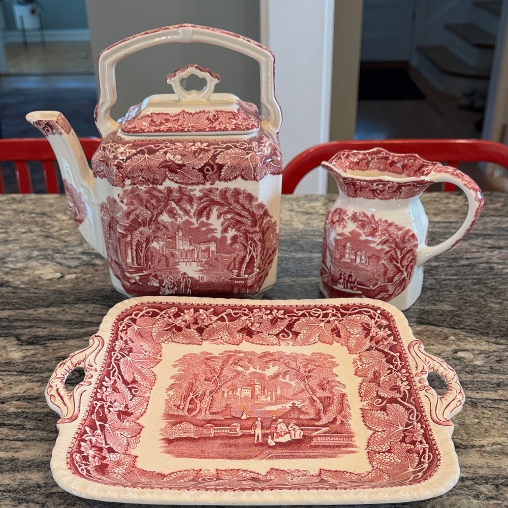 Red Transferware Teapot, Creamer and Tray Serveware Set